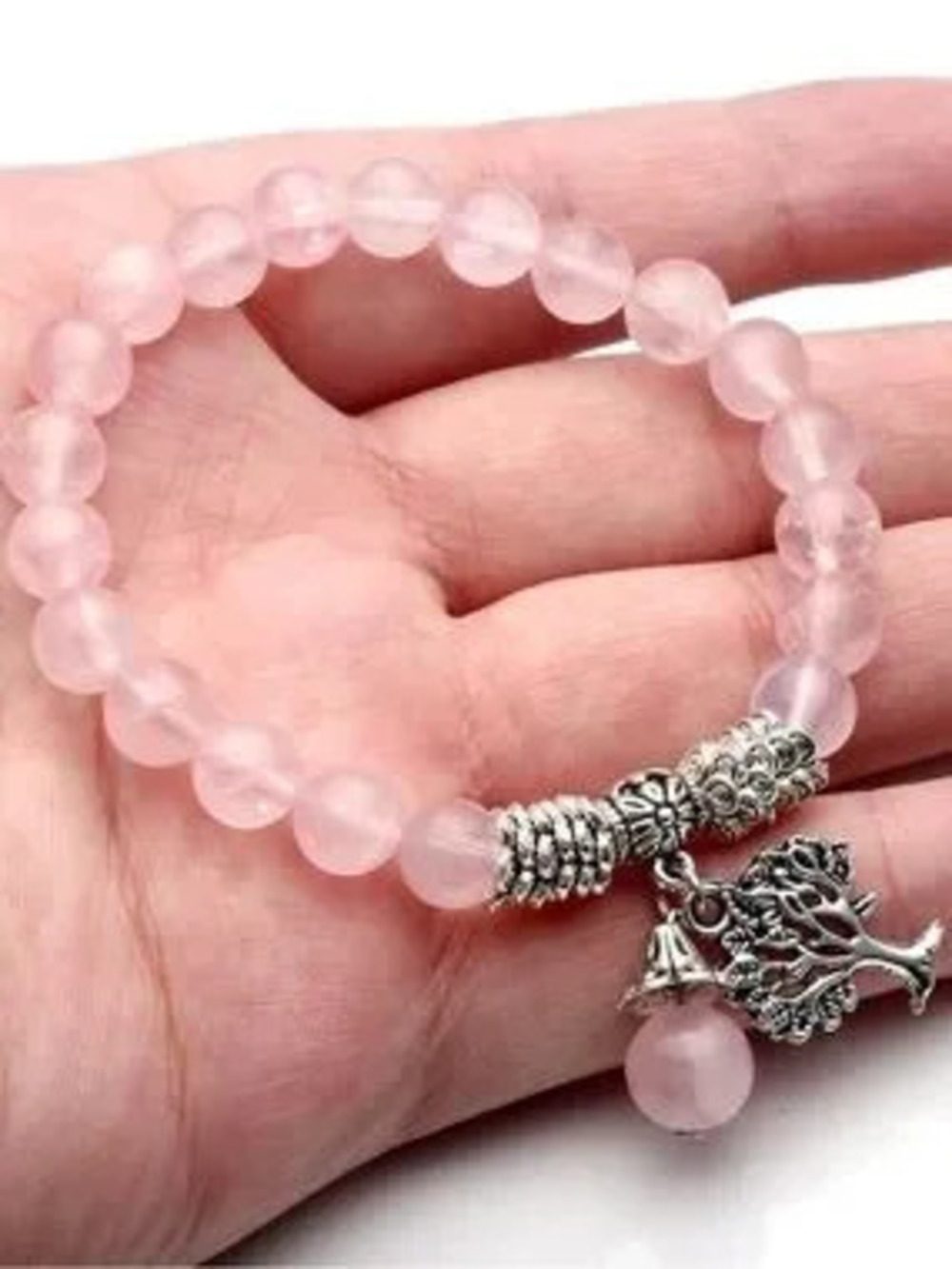 Rose Anthropologie Quartz Pink Beaded Charm Bracelet with Silver Tree & Bell